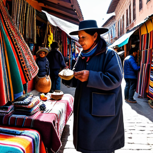 La Paz Witch Market**

"A fully clothed tourist interacting with a vendor in the La Paz Witch Market, Bolivia. The vendor is displaying colorful textiles, amulets, and traditional crafts. The tourist is wearing modest, casual clothing. Background: bustling market scene with other vendors and shoppers. Safe for work, appropriate content, perfect anatomy, natural proportions, professional photography, family-friendly."

**