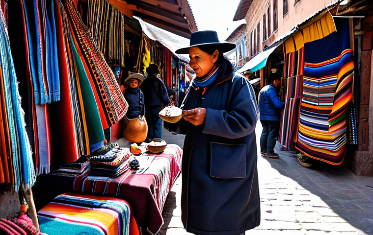 La Paz Witch Market**

"A fully clothed tourist interacting with a vendor in the La Paz Witch Market, Bolivia. The vendor is displaying colorful textiles, amulets, and traditional crafts. The tourist is wearing modest, casual clothing. Background: bustling market scene with other vendors and shoppers. Safe for work, appropriate content, perfect anatomy, natural proportions, professional photography, family-friendly."

**