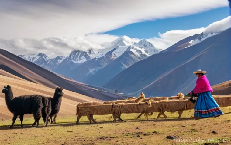 볼리비아에서 생태 관광 하기 - **Andean Farm Life:** A vibrant, sunny morning scene in the Bolivian Andes. A female traveler, dress...