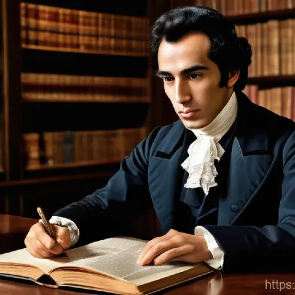 볼리비아 독립운동 - A young, determined Simon Bolivar, around 20-25 years old, is depicted in a dimly lit, classical Eur...