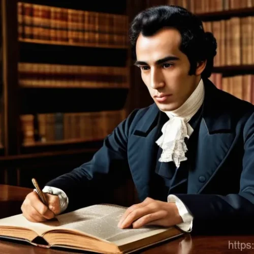 Home 28 볼리비아 독립운동 - A young, determined Simon Bolivar, around 20-25 years old, is depicted in a dimly lit, classical Eur...
