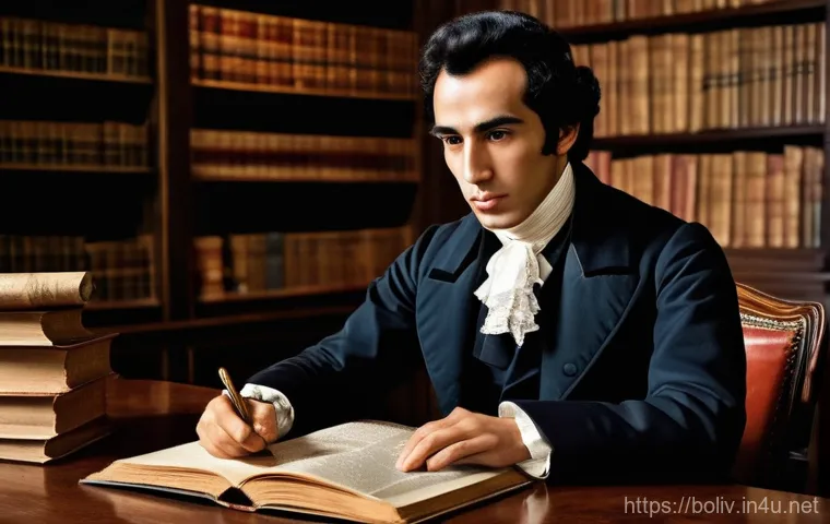 볼리비아 독립운동 - A young, determined Simon Bolivar, around 20-25 years old, is depicted in a dimly lit, classical Eur...