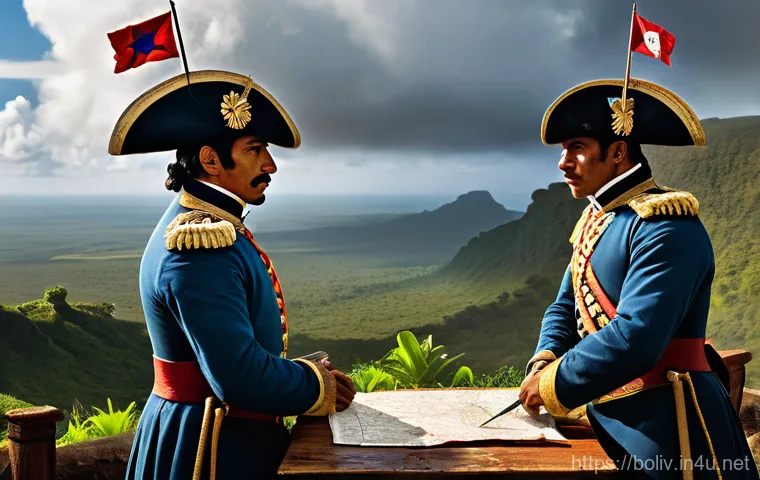 볼리비아 독립운동 - A young, determined Simon Bolivar, around 20-25 years old, is depicted in a dimly lit, classical Eur... 볼리비아 독립운동 - A young, determined Simon Bolivar, around 20-25 years old, is depicted in a dimly lit, classical Eur...