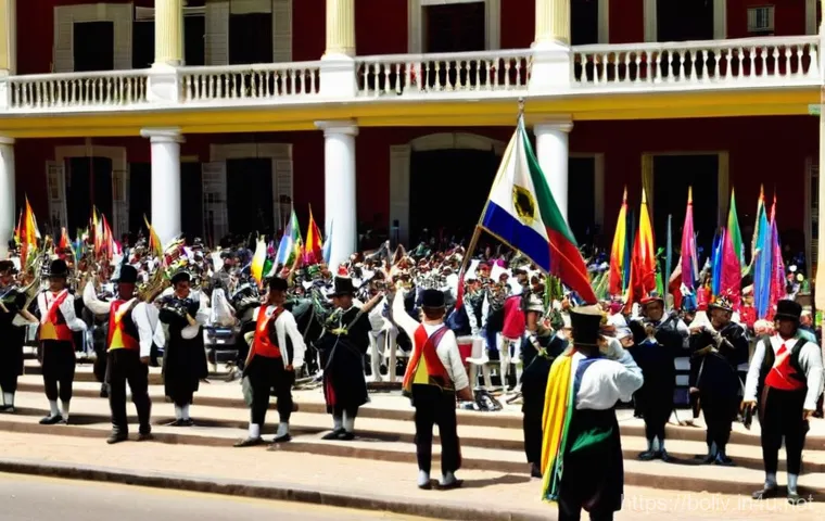 볼리비아 독립운동 - Simon Bolivar and Antonio José de Sucre, dressed in their early 19th-century military uniforms, stan... 볼리비아 독립운동 - Simon Bolivar and Antonio José de Sucre, dressed in their early 19th-century military uniforms, stan...