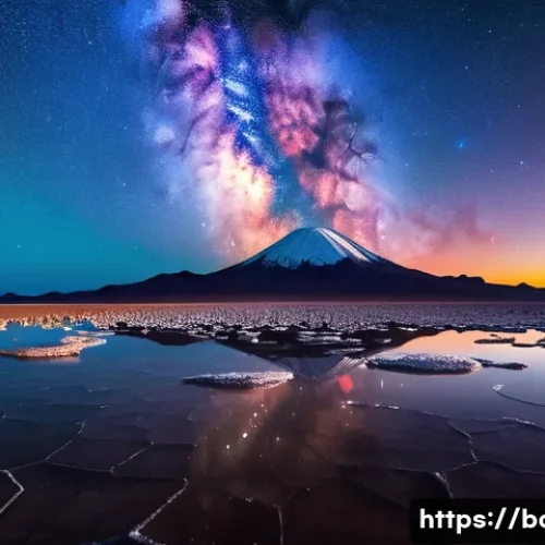 Home 26 볼리비아의 신비로운 자연 현상 - A breathtaking panoramic view of the Uyuni Salt Flats in Bolivia at night. A thin layer of water cov...