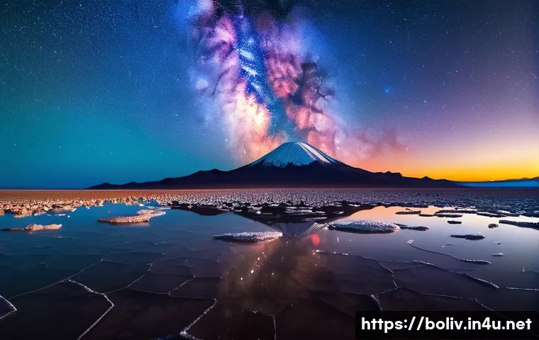 볼리비아의 신비로운 자연 현상 - A breathtaking panoramic view of the Uyuni Salt Flats in Bolivia at night. A thin layer of water cov...